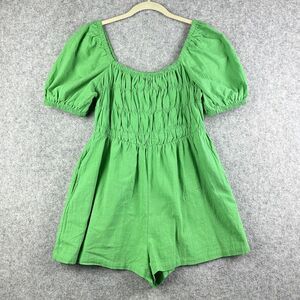 Hausen Mini Romper Womens Large Smocked Puff Sleeve Cottage Boho Pockets Stretch